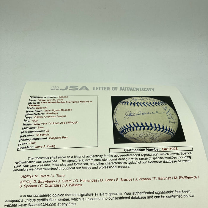 1998 New York Yankees World Series Champs Team Signed Baseball JSA COA