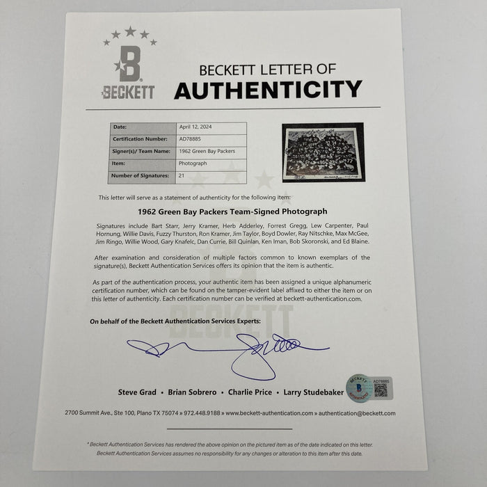 1962 Green Bay Packers NFL Champions Team Signed 17x23 Photo Bart Starr Beckett