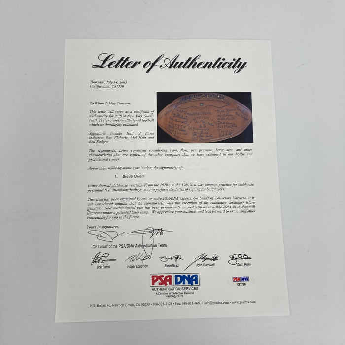 1934 New York Giants NFL Champs Team Signed Football PSA DNA COA