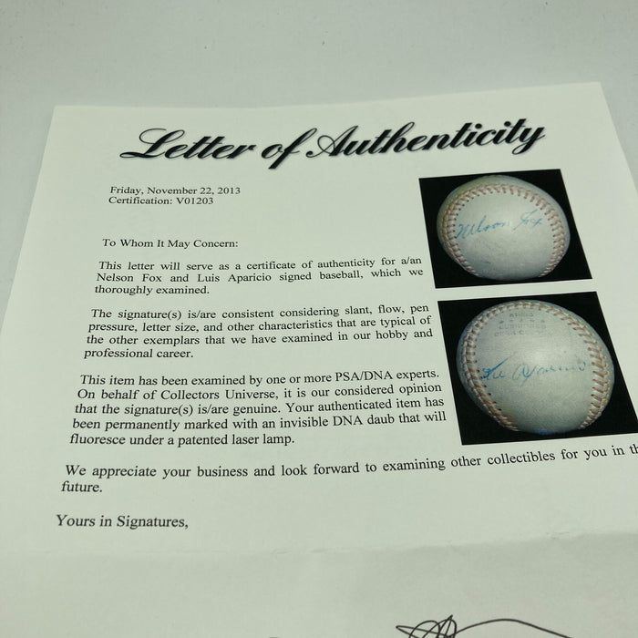 Nellie Fox &  Luis Aparicio Signed 1950's Baseball With Topps Card PSA DNA COA