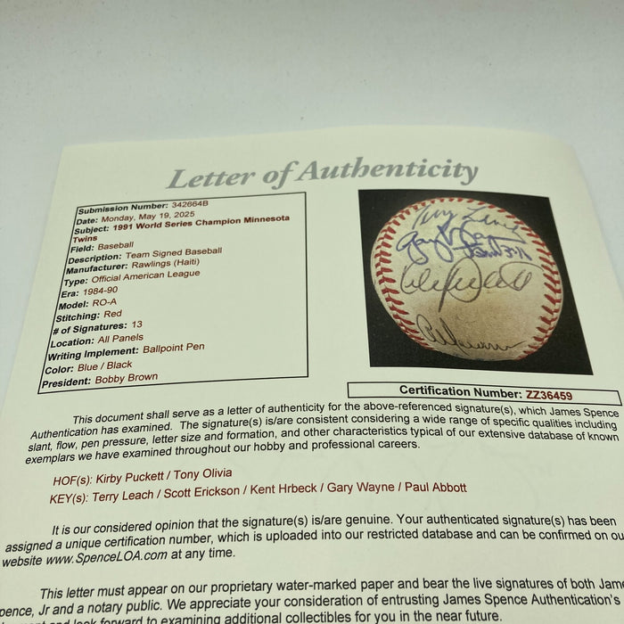 1991 Minnesota Twins World Series Champs Team Signed Baseball JSA COA