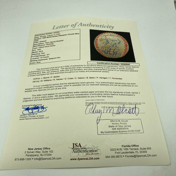 1993 Toronto Blue Jays World Series Champs Team Signed W.S. Baseball JSA COA