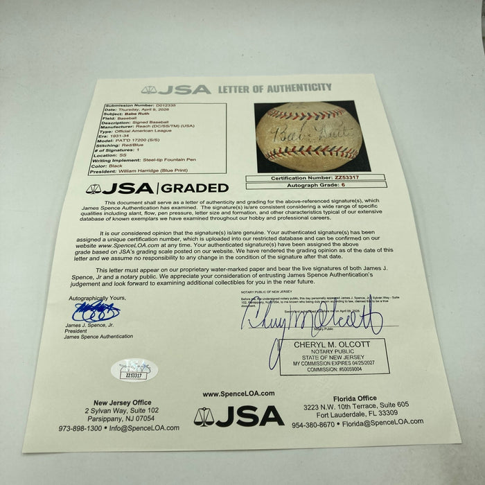 Babe Ruth Single Signed 1920's Official American League Baseball JSA COA Auto