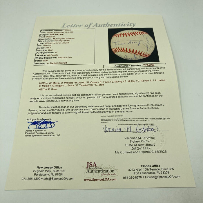 3,000 Hit Club Signed Baseball 15 Sigs Willie Mays Hank Aaron Stan Musial JSA