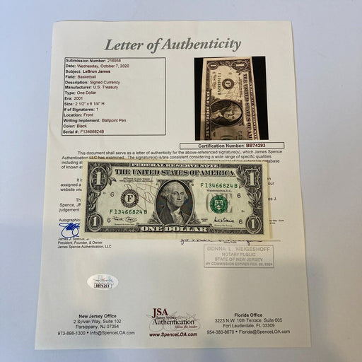LeBron James Pre Rookie 2001 Signed $1 Dollar Bill JSA COA Auto