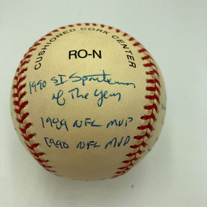 Joe Montana Signed Heavily Inscribed Career STAT Baseball Reggie Jackson COA