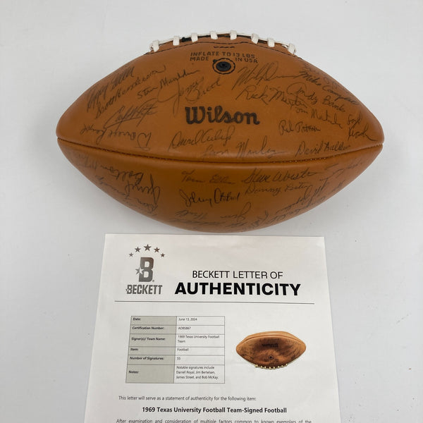 1969 Texas Longhorns National Champions Team Signed Football 55 Sigs Beckett COA