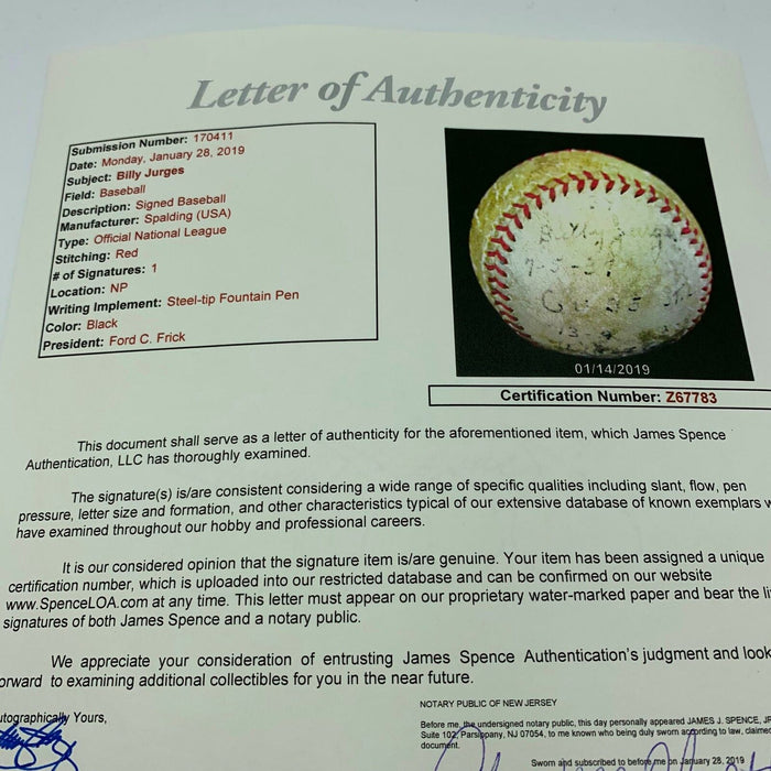 1937 Billy Jurges Chicago Cubs Game Used Actual Hit Baseball With Glove JSA COA