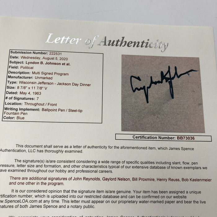 President Lyndon B. Johnson Signed 1963 Program Photo JSA COA