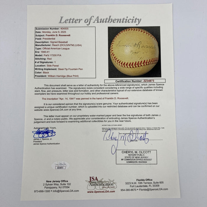 President Franklin D. Roosevelt First Pitch Signed Baseball April 14, 1941 JSA