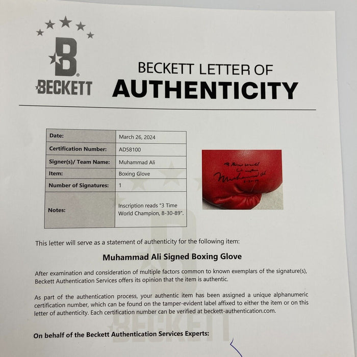 Muhammad Ali "3 Time World Champion" Signed Inscribed Boxing Glove Beckett COA