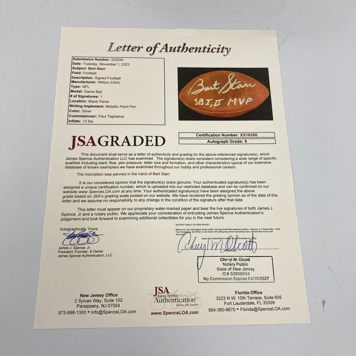 Bart Starr "MVP SB I & II" Signed Wilson NFL Game Football JSA Graded MINT 9