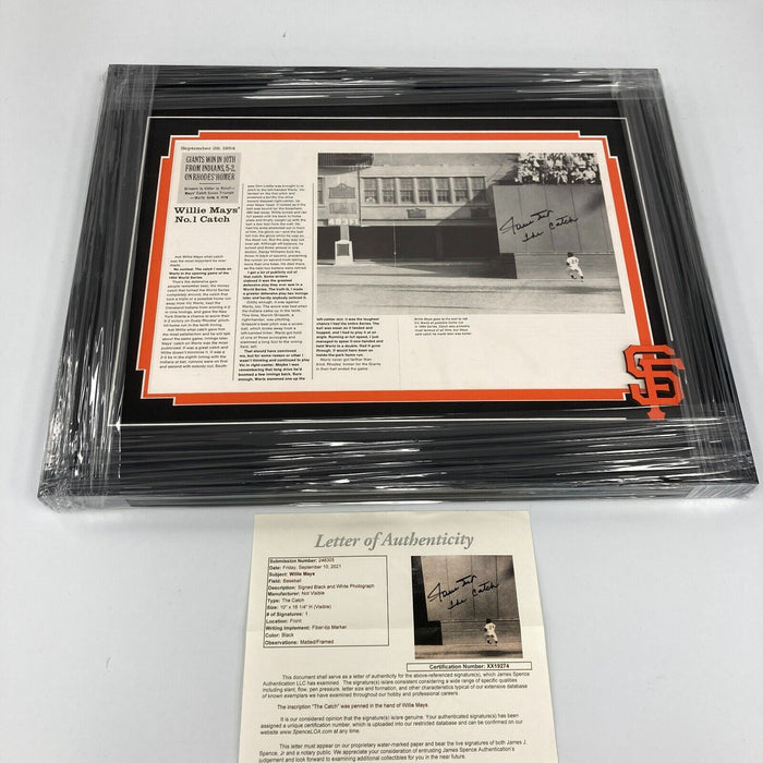 Beautiful Willie Mays "The Catch" Signed Framed Photo Display JSA COA