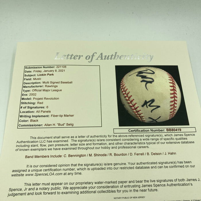 Linkin Park Band Signed Baseball 6 Signatures With Chester Bennington JSA COA