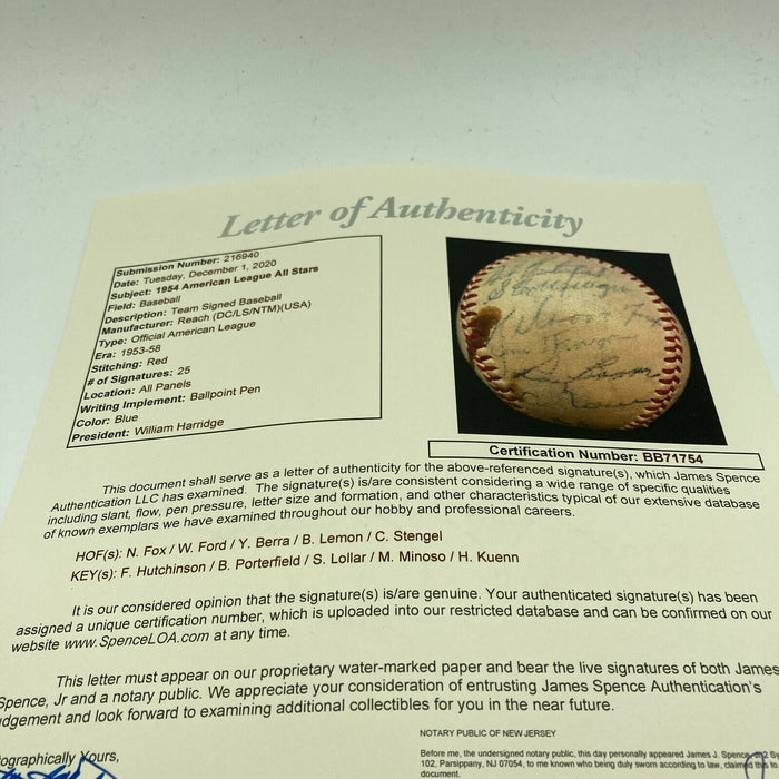 1954 All Star Game Team Signed Baseball Nellie Fox Yogi Berra Whitey Ford JSA