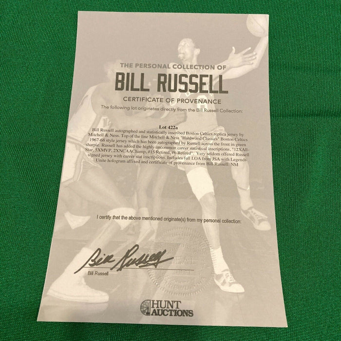 Bill Russell Signed Heavily Inscribed STATS Boston Celtics Jersey With JSA COA