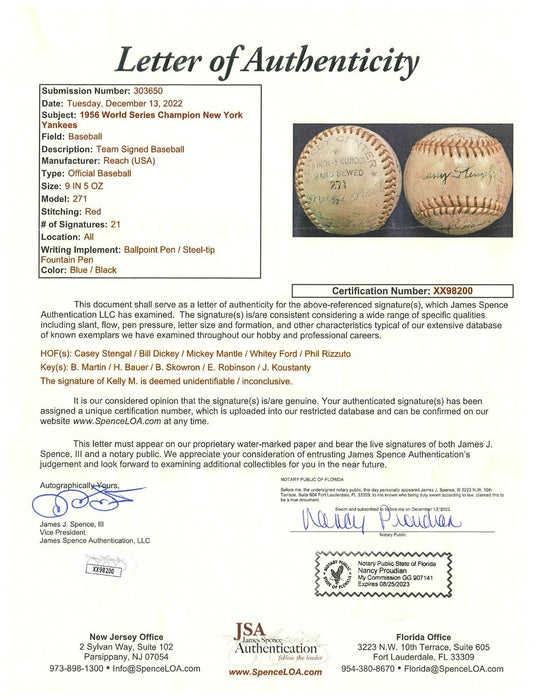 1956 New York Yankees World Series Champs Team Signed Baseball Mickey Mantle JSA