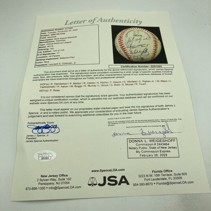 3,000 Hit Club Signed Baseball 17 Sigs Willie Mays Hank Aaron Stan Musial JSA
