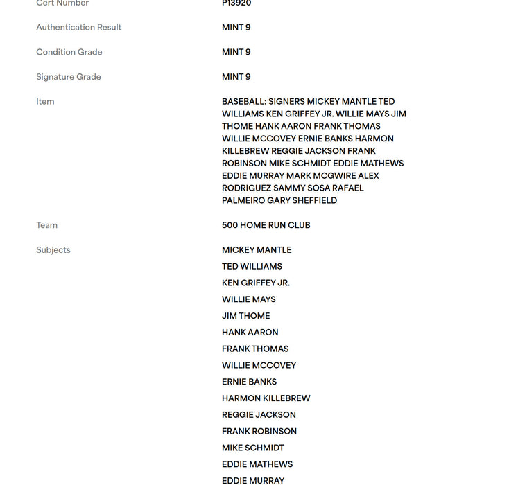 500 Home Run Signed Baseball With 21 Sigs! Mickey Mantle PSA DNA Graded 9 MINT
