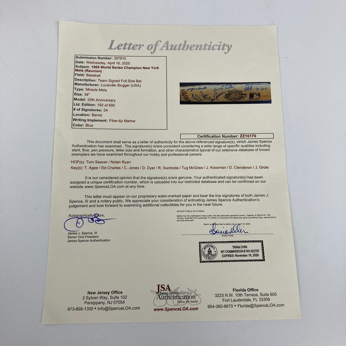 1969 New York Mets World Series Champs Team Signed Bat Nolan Ryan Tom Seaver JSA