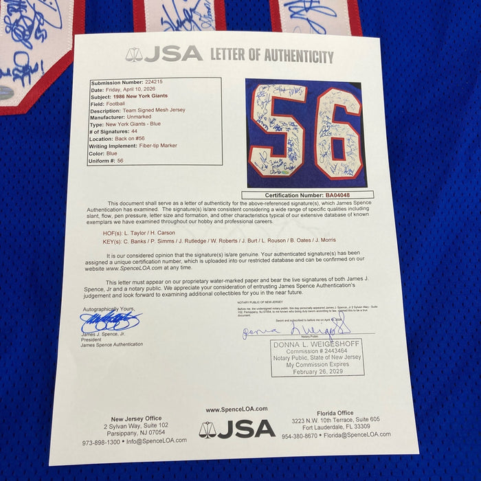 1986 New York Giants Super Bowl Champs Team Signed Jersey 44 Sigs JSA COA