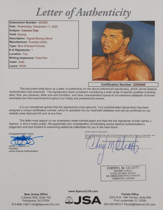 Muhammad Ali "Cassius Clay" Signed Hand Painted Art Everlast Boxing Glove JSA