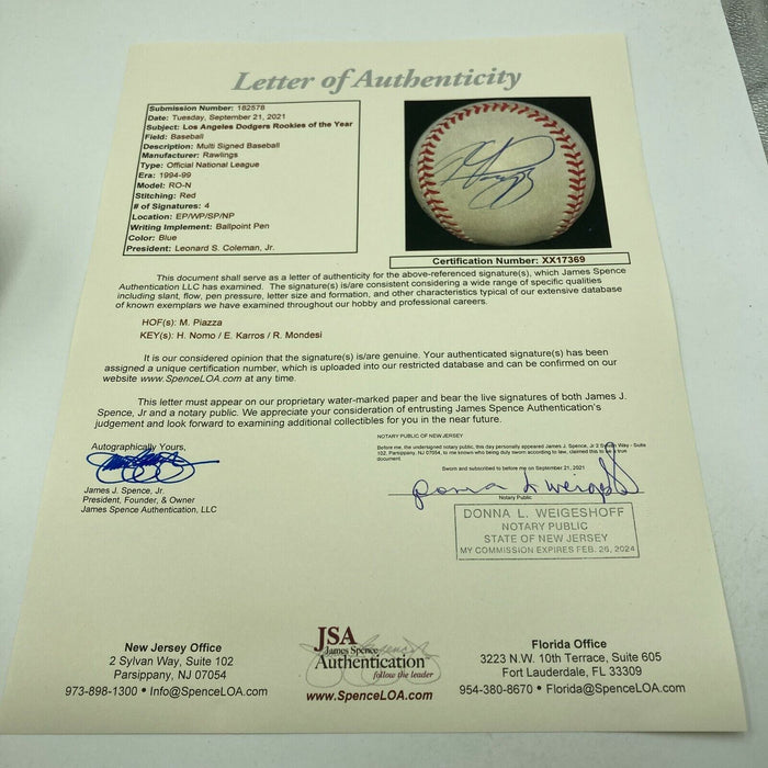 LA Dodgers Rookie's Of The Year Signed Baseball Mike Piazza Hideo Nomo JSA COA