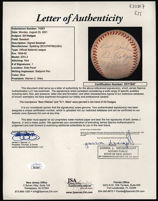 Gil Hodges Single Signed 1950's Official National League Baseball JSA COA