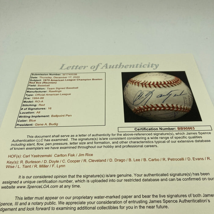 1975 Boston Red Sox AL Champs Team Signed Major League Baseball JSA COA