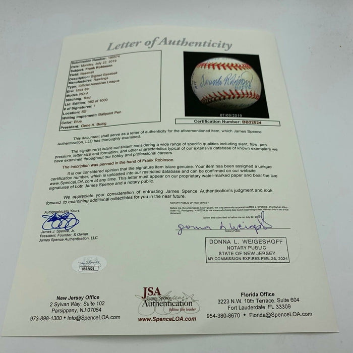 Rare Frank Robinson Signed Heavily Inscribed Career STAT Baseball With JSA COA