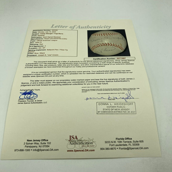 Casey Stengel & Yogi Berra Signed 1959 American League Harridge Baseball JSA