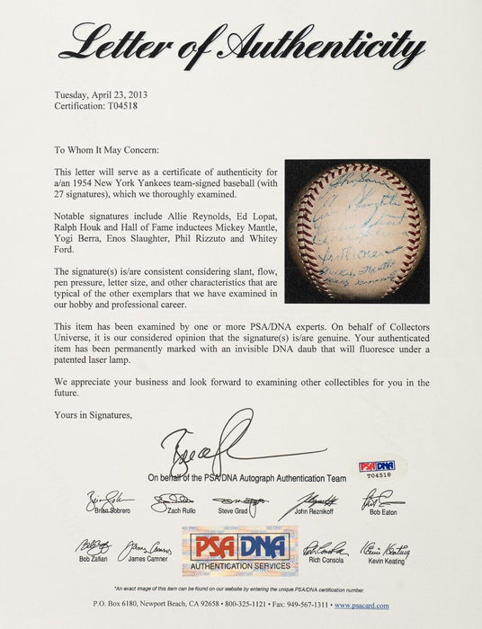 Beautiful 1954 New York Yankees Team Signed Baseball Mickey Mantle PSA DNA COA