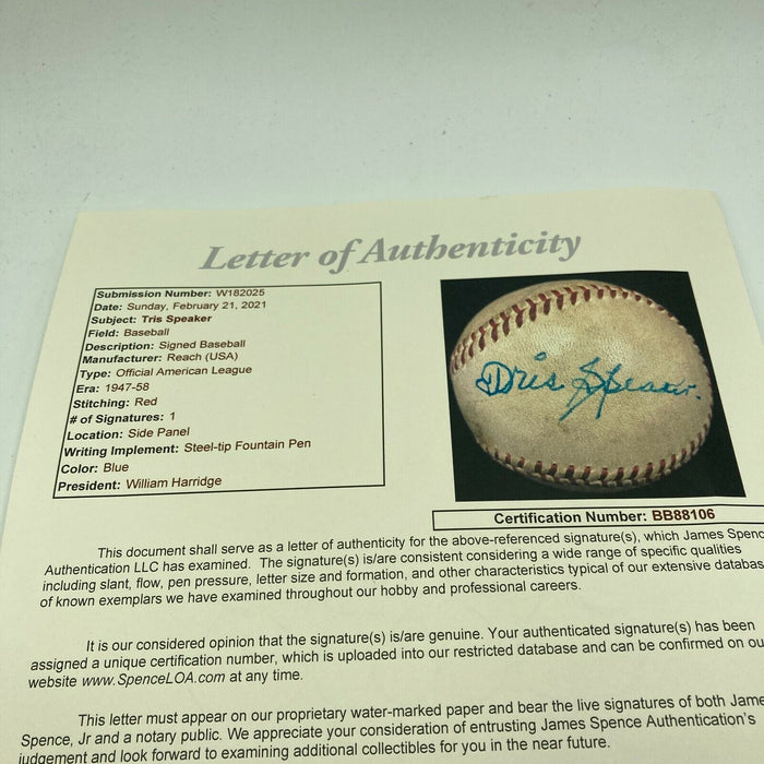 Stunning Tris Speaker Single Signed Official American League Baseball JSA COA