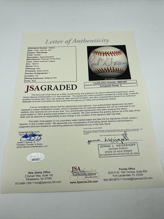 Stunning Red Grange Single Signed American League Baseball JSA COA Graded MINT 9