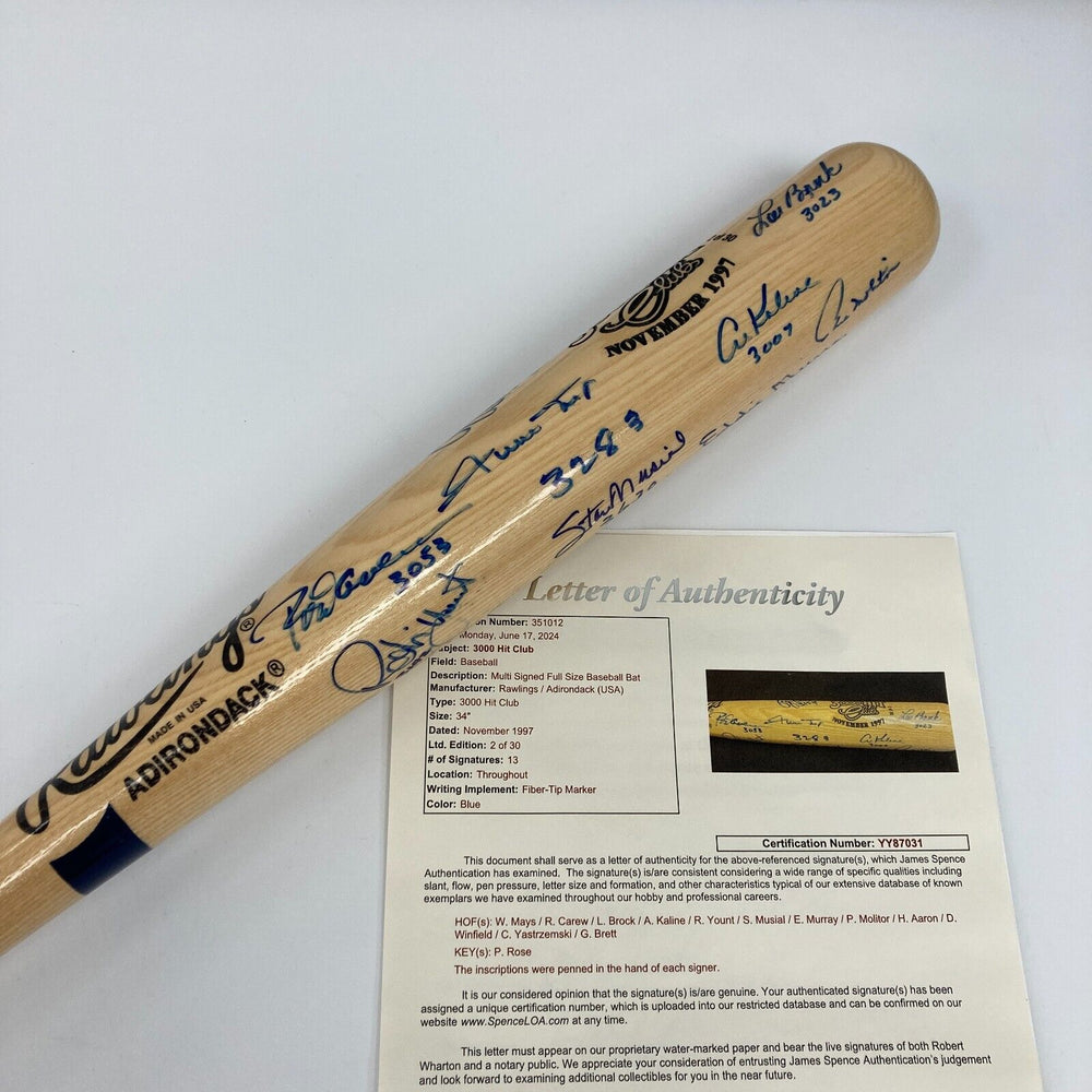 3,000 Hit Club Multi Signed Inscribed Baseball Bat Willie Mays Hank Aaron JSA