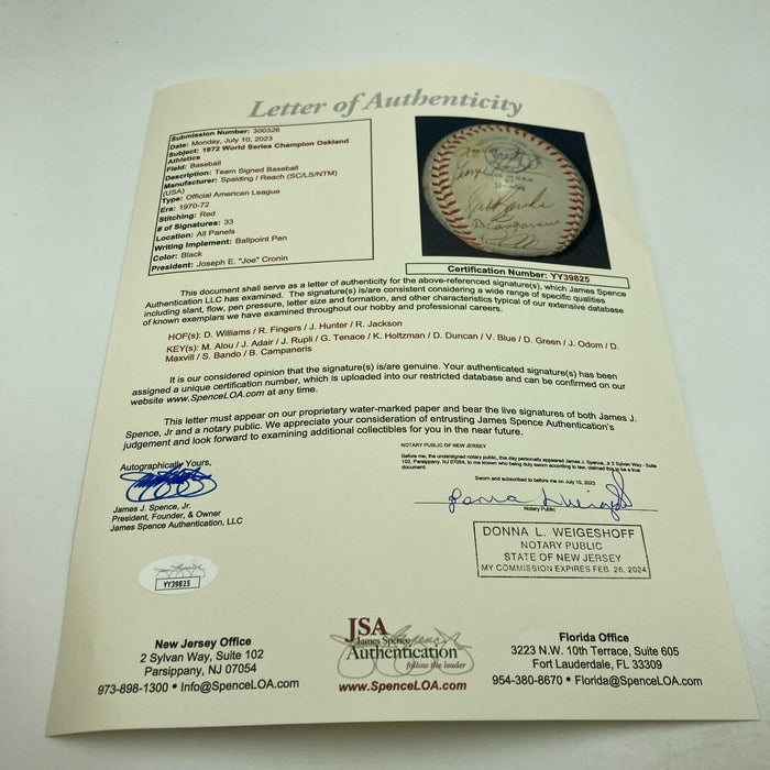 1972 Oakland A's Athletics World Series Champs Team Signed Baseball JSA COA