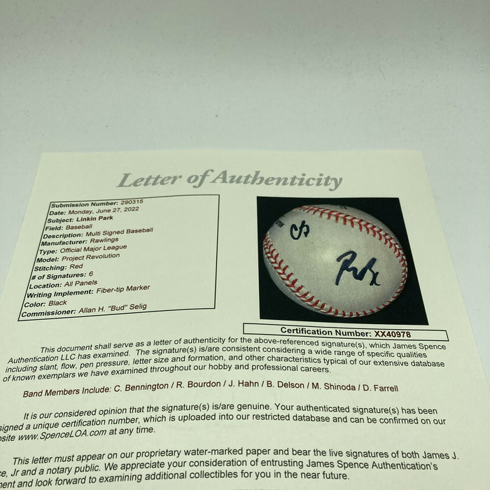 Linkin Park Band Signed Baseball 6 Signatures With Chester Bennington JSA COA