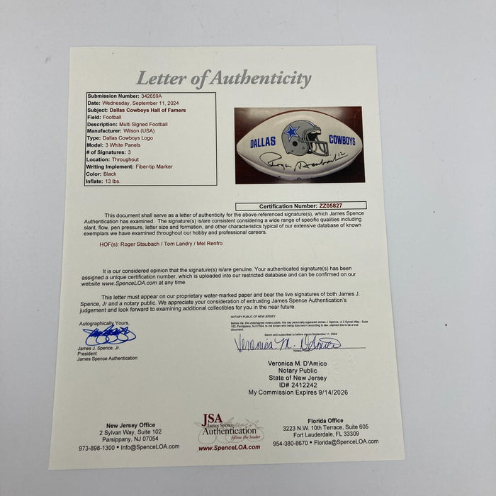 Tom Landry HOF 1990 Roger Staubach Signed Dallas Cowboys Football JSA COA