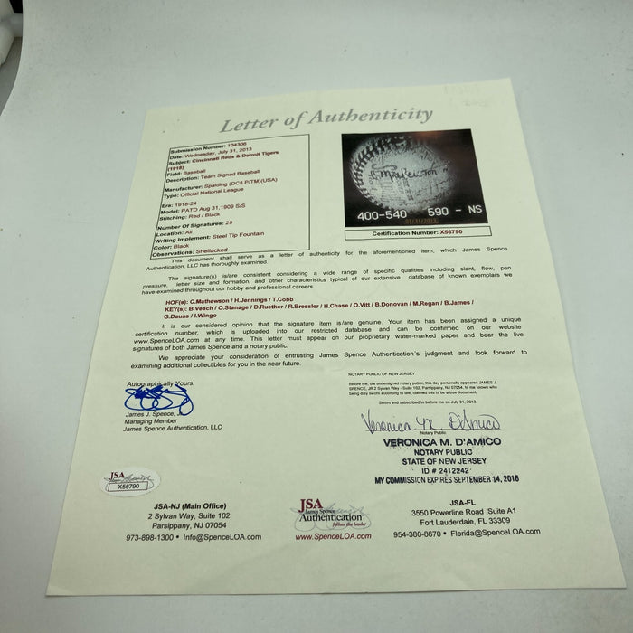 Christy Mathewson & Ty Cobb 1918 Team Signed National League Baseball JSA COA