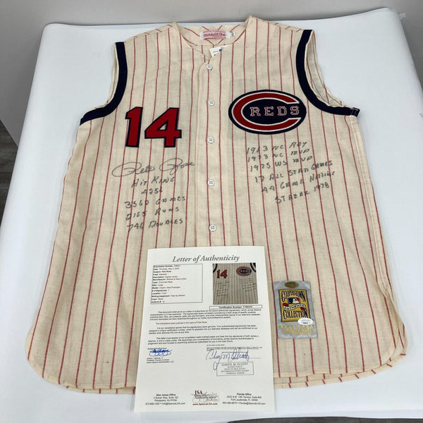 Pete Rose Signed Heavily Inscribed STATS Cincinnati Reds Jersey JSA COA