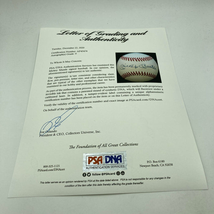 Mickey Mantle Signed American League Baseball PSA DNA Graded MINT 9
