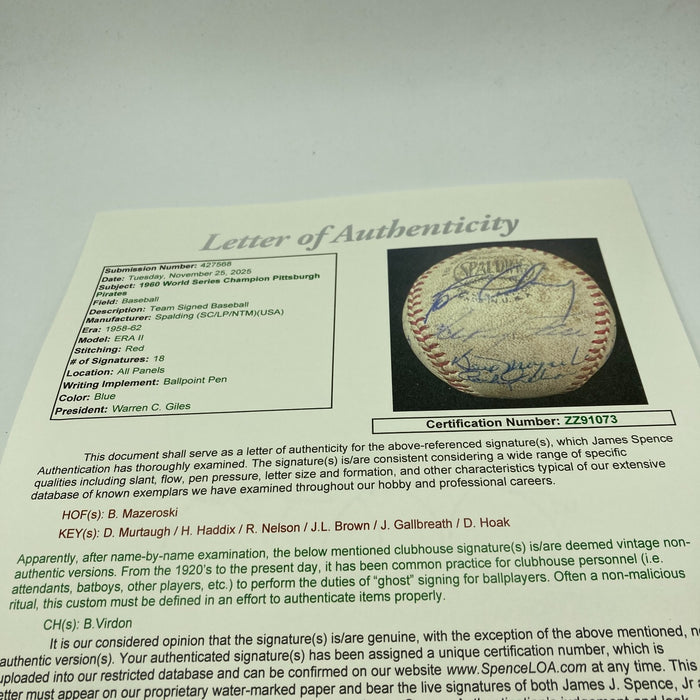 1960 Pittsburgh Pirates Champs Team Signed World Series Game Used Baseball JSA