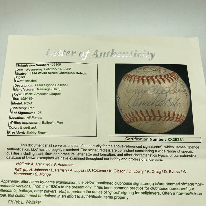 1984 Detroit Tigers World Series Champs Team Signed Baseball 26 Sigs JSA COA