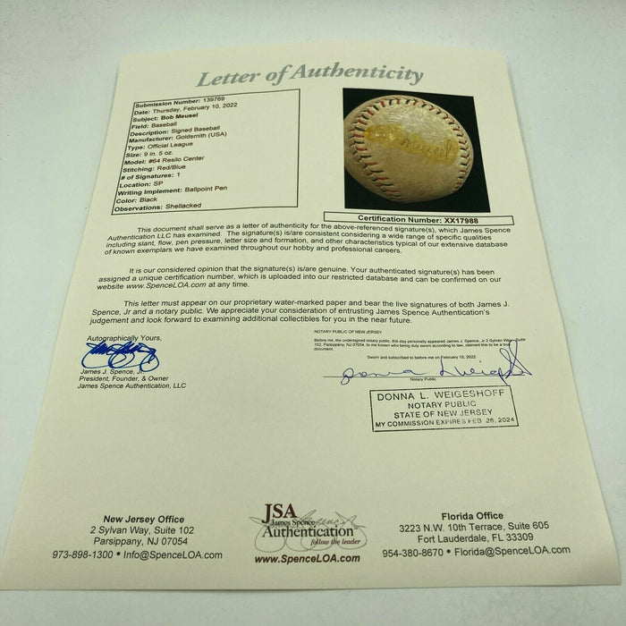 Bob Meusel Single Signed 1920's Baseball 1927 Yankees JSA COA RARE