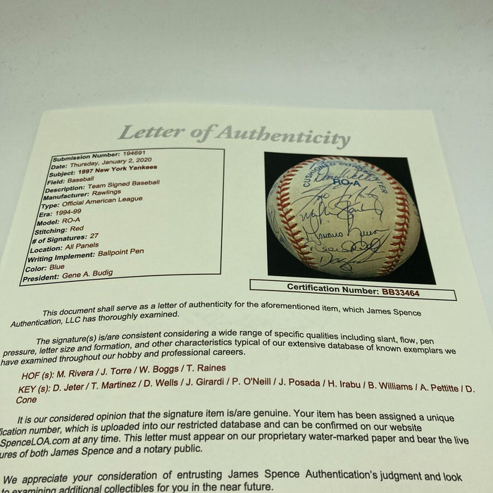 1997 New York Yankees Team Signed Baseball Derek Jeter Mariano Rivera JSA COA