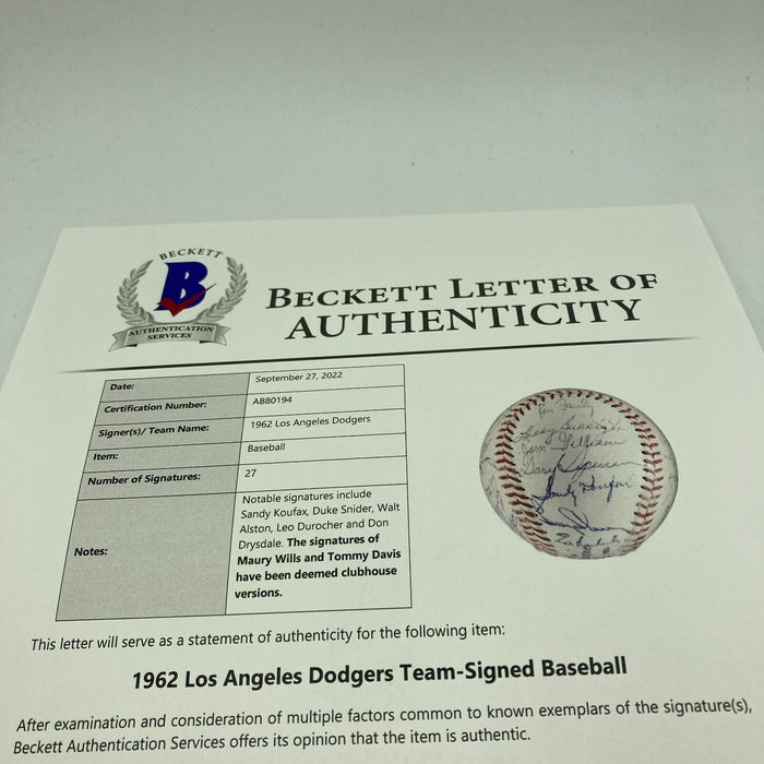 Sandy Koufax 1962 Los Angeles Dodgers Team Signed NL Baseball Beckett COA