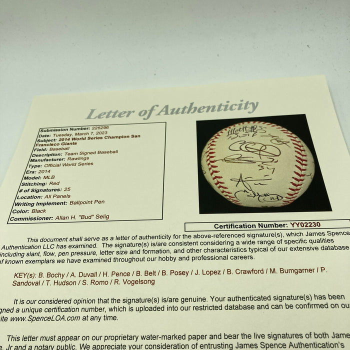 2014 San Francisco Giants World Series Champs Team Signed W.S. Baseball JSA COA