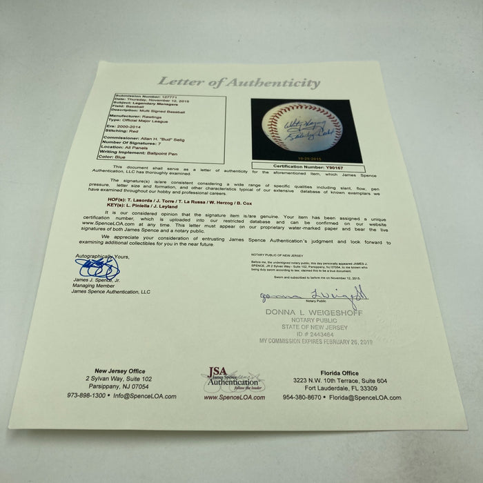 HOF Managers Signed Baseball LaSorda Torre Pinella Herzog Cox LaRussa JSA COA
