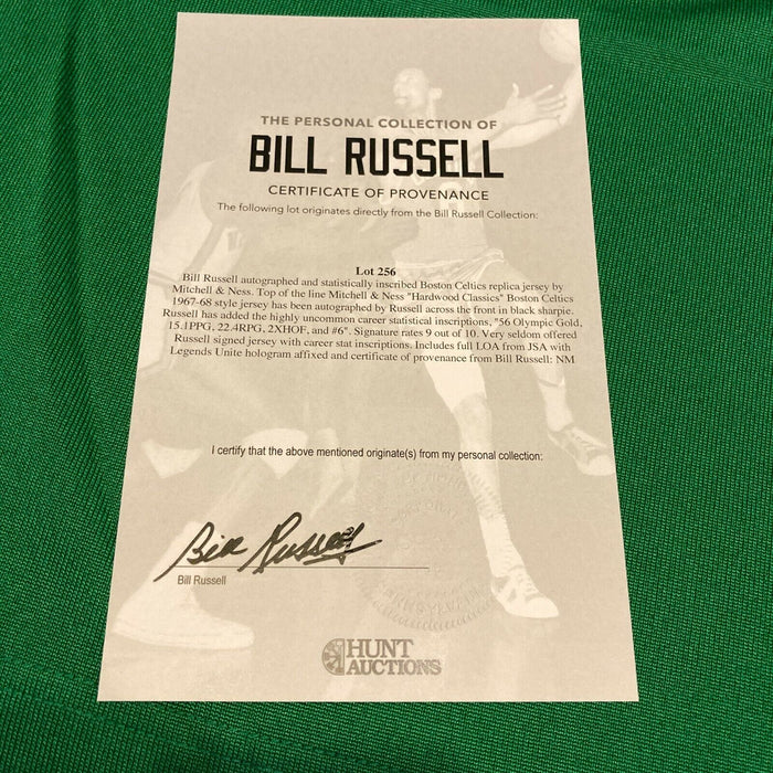 Bill Russell Signed Heavily Inscribed STATS Boston Celtics Jersey With JSA COA