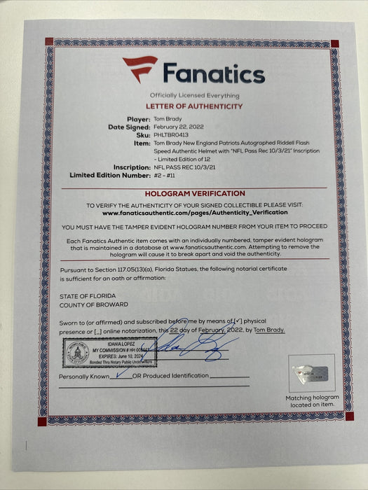 Tom Brady  NFL Pass Record  10/3/21 Signed New England Patriots Helmet Fanatics